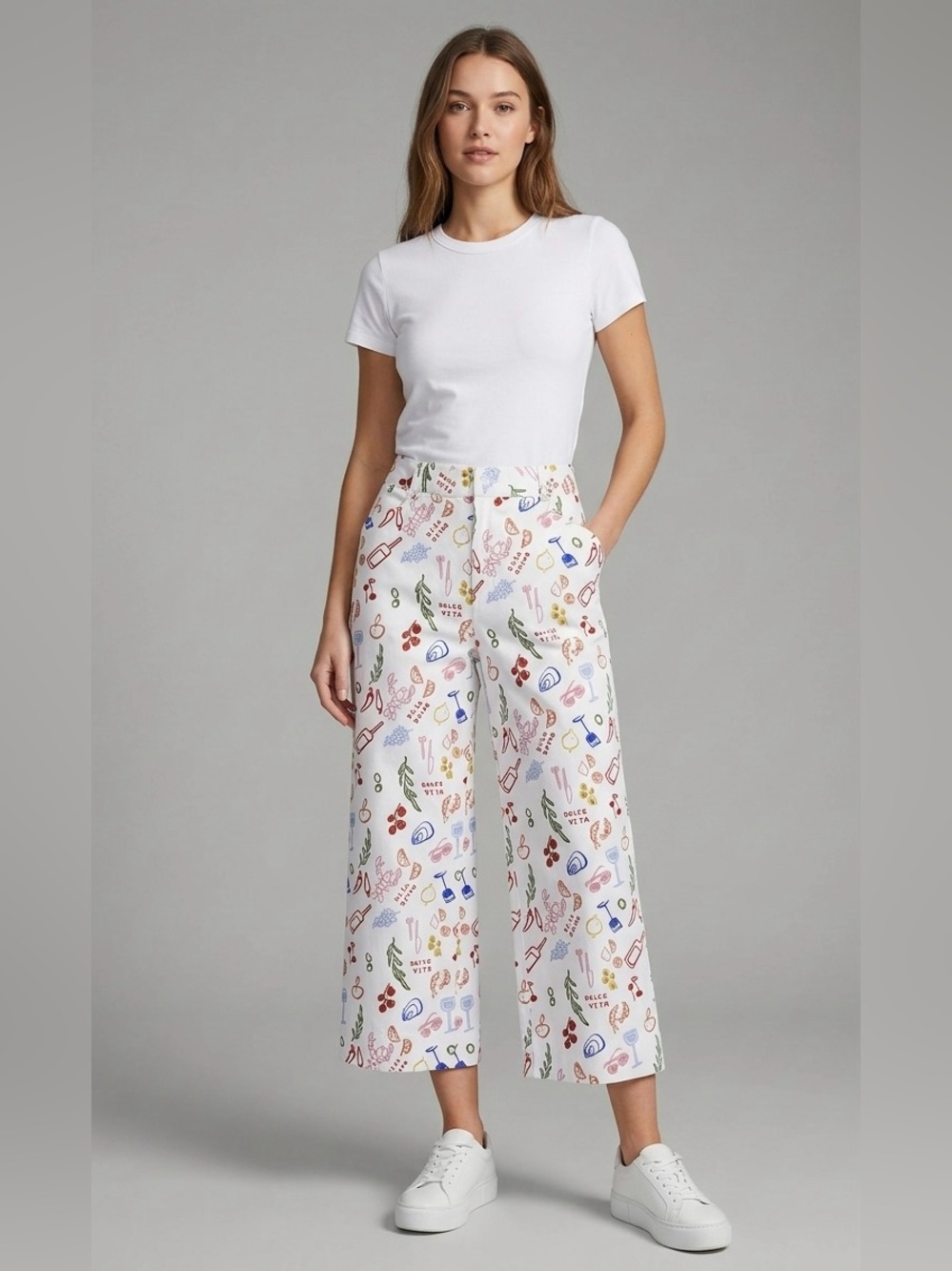 Wide-Leg Crop Pants in White with Multicolor Print‎